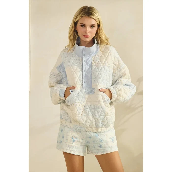 Textured Printed Quarter Zip Sweatshirt - Greige Goods