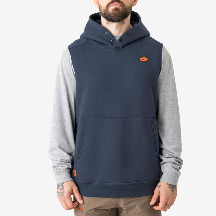 Front of the BRUNT sleeveless water resistant workwear hoodie in navy blue with BRUNT high quality long sleeve pocket tee in light grey underneath