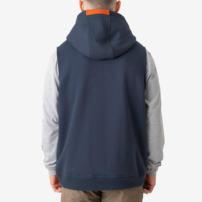 Back of the BRUNT sleeveless water resistant workwear hoodie in navy with BRUNT high quality long sleeve pocket tee in light grey underneath