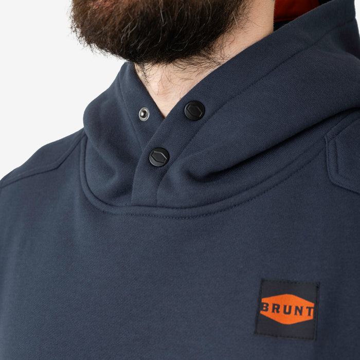 Front of button snaps of the BRUNT sleeveless water resistant workwear hoodie in navy blue