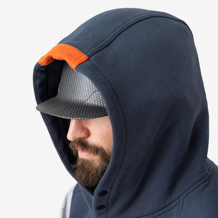 Hard hat compatible hood of the BRUNT sleeveless water resistant workwear hoodie in navy blue