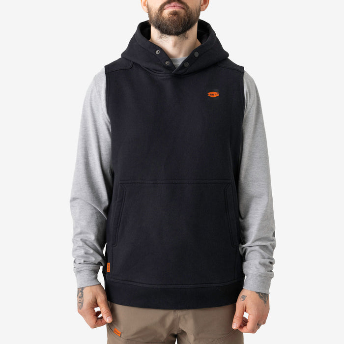 Front of the BRUNT sleeveless water resistant workwear hoodie in black with BRUNT high quality long sleeve pocket tee in light grey underneath