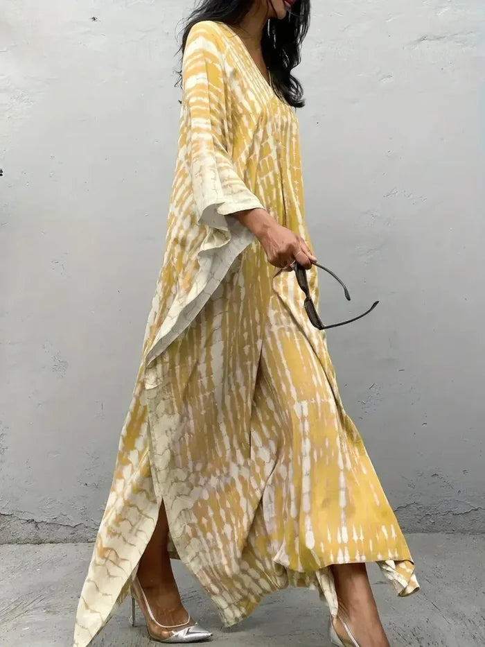 Tie-Dye V-Neck Maxi Dress with Flowy Sleeves