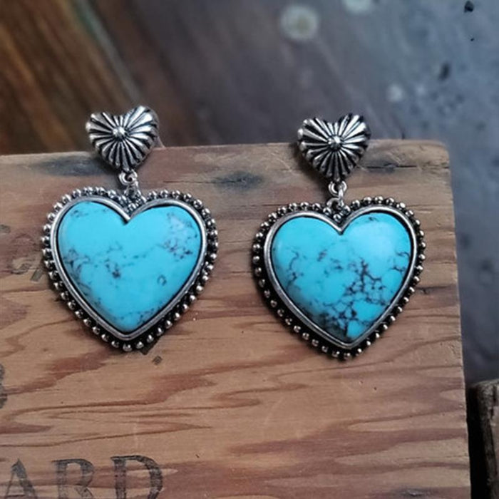 Trendy Turquoise Heart Dangle Earrings with Vintage Charm