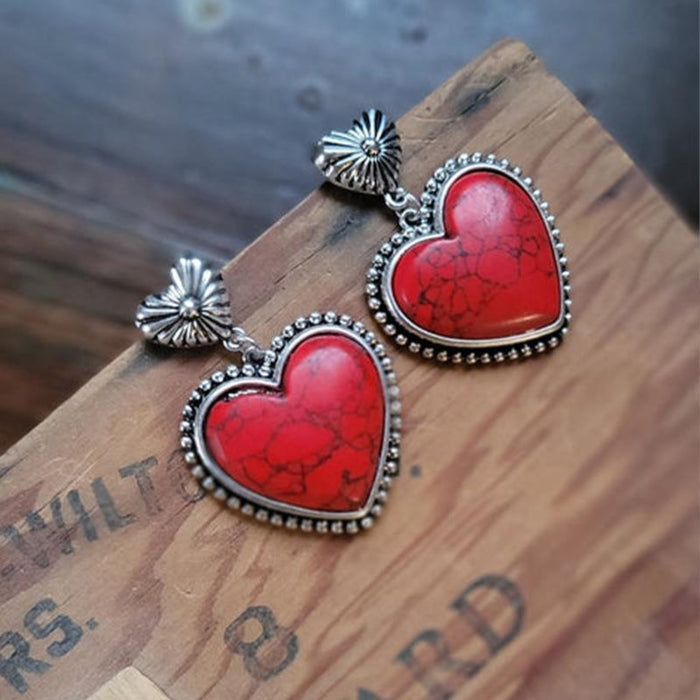 Trendy Turquoise Heart Dangle Earrings with Vintage Charm