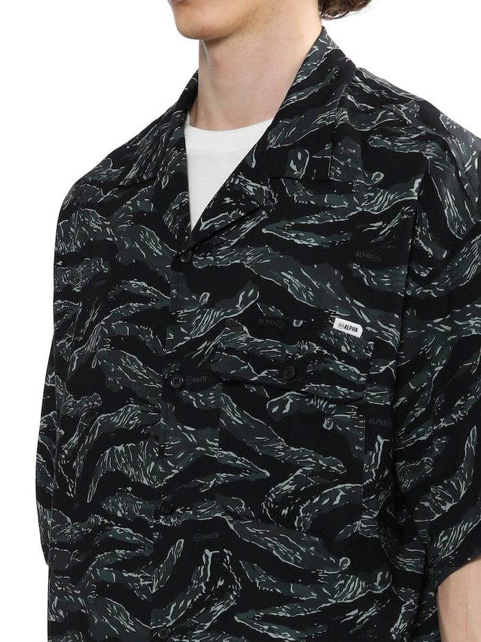 UNFRM Army Hawaii Shirt by Alpha Industries, black and gray patterned button-down with chest pocket.