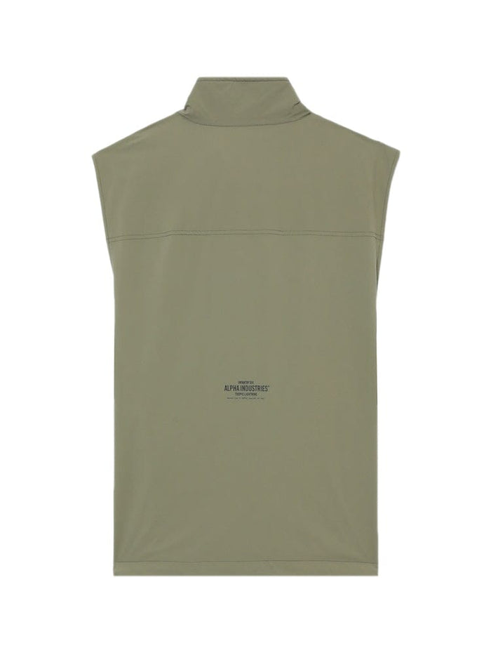 UNFRM Nylon Tactical Vest Alpha Industries, light olive green, high collar, small upper-center logo and text, utility pockets.