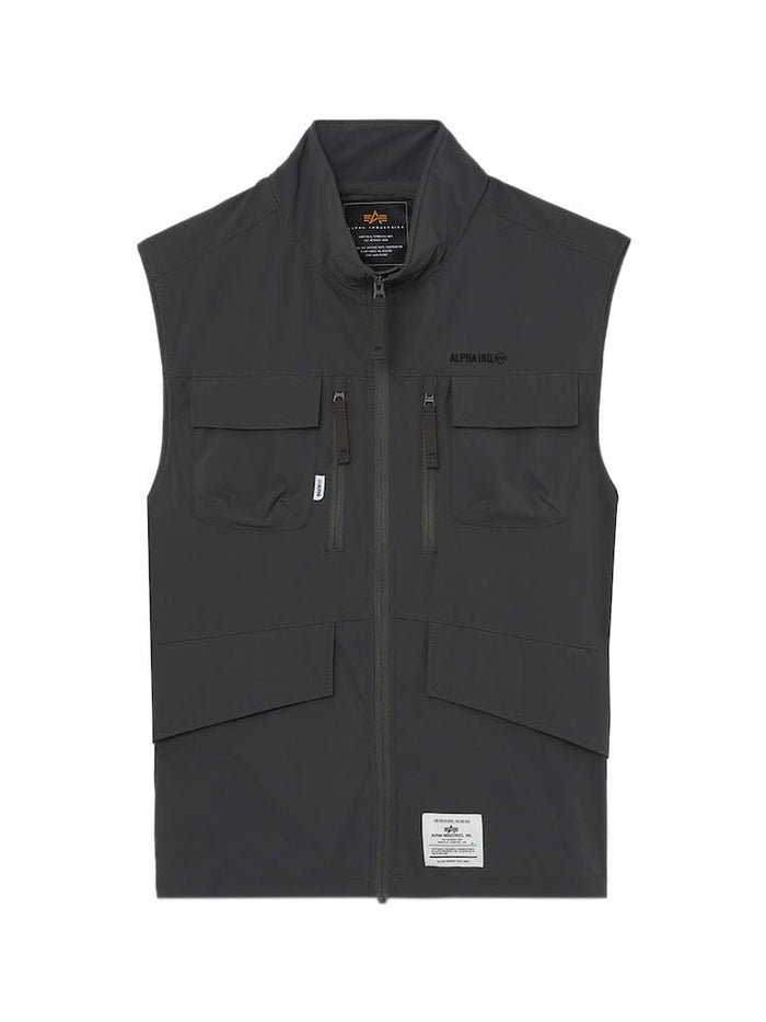 UNFRM Nylon Tactical Vest by Alpha Industries, gray, sleeveless, front zipper, four exterior utility pockets, small rectangular label near bottom hem.