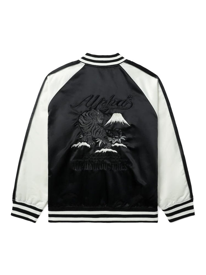 UNFRM Tiger Souvenir Jacket by Alpha Industries, black and white satin, striped cuffs and collar, Alpha Tiger embroidery, Mount Fuji, Alpha Industries on back.