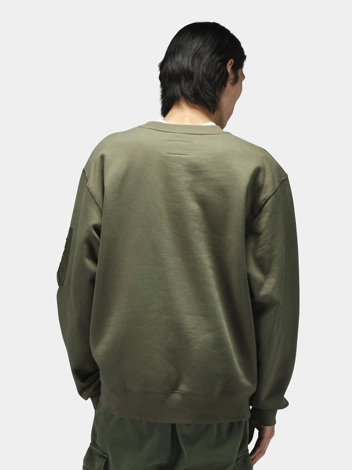 Alpha Industries Utility Pocket Crewneck and matching pants, dark color, featuring utility pockets.