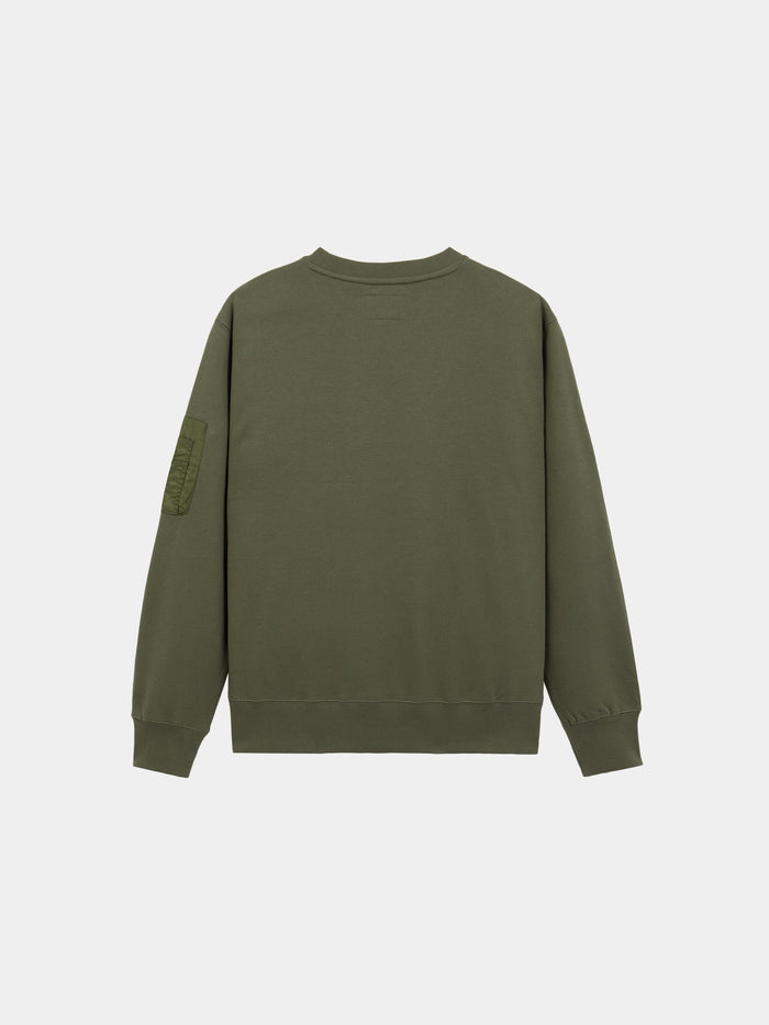 Utility Pocket Crewneck by Alpha Industries, olive green sweatshirt with long sleeves, ribbed cuffs and hem, Alpha embroidery, MA-1 utility pocket on left arm.
