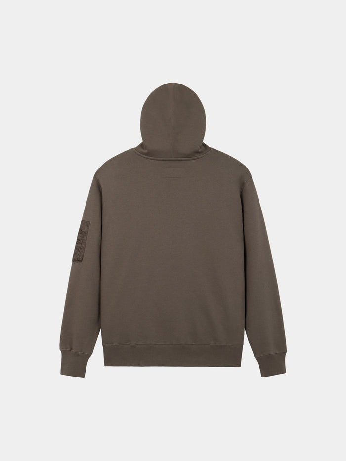 Alpha Industries Utility Pocket Hoodie in brown with long sleeves and MA-1 utility sleeve pocket on the left arm.