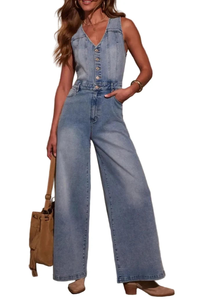 V-neck Wide Leg Denim Jumpsuit