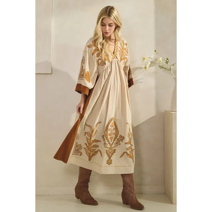 Vintage Embroidery Patch Maxi Dress - Greige Goods