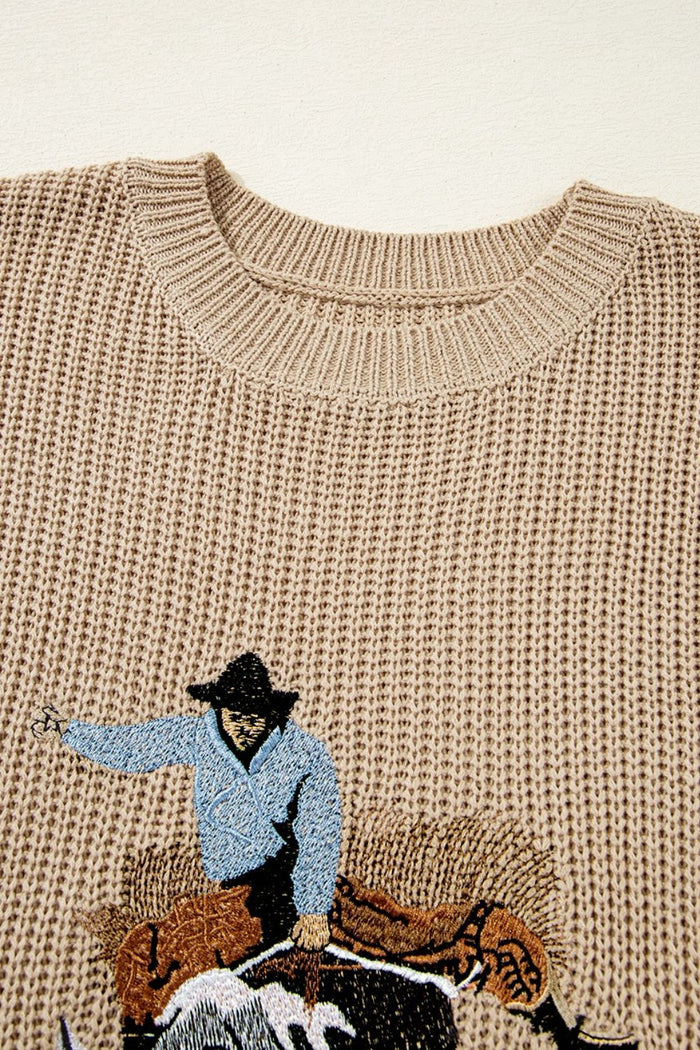 Western Cowboy Embroidery Round Neck Sleeveless Sweater