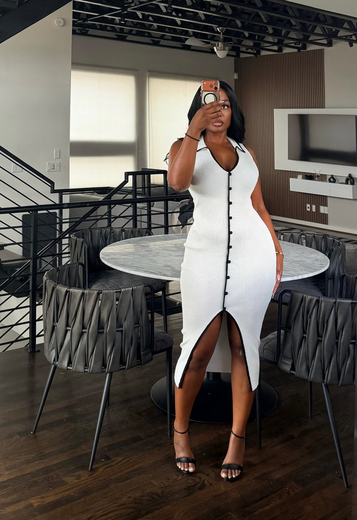 White outline button down dress