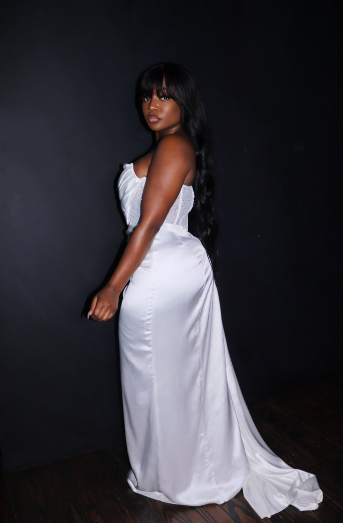 White satin drape gown