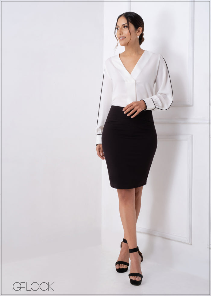 White Top With Black Piping Detail - 240223