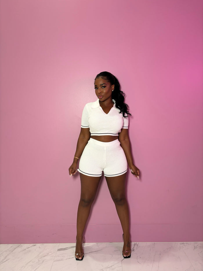 White Waffle Short Set