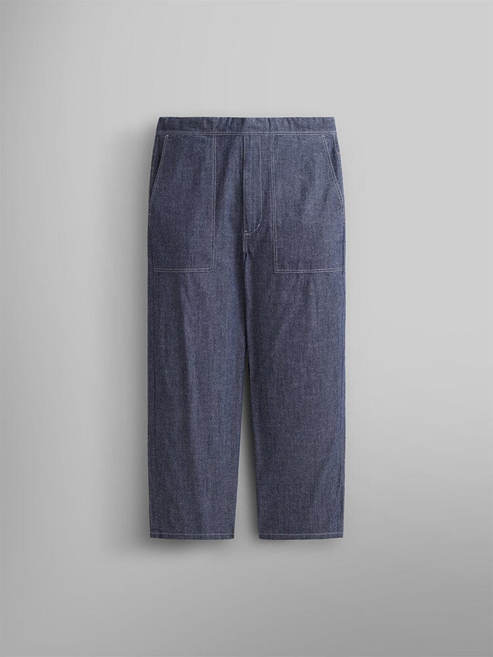 Alpha Industries Wide Leg Cotton Trouser in Replica Blue with wide-leg cut, adjustable drawcord waist, and large front patch pockets.