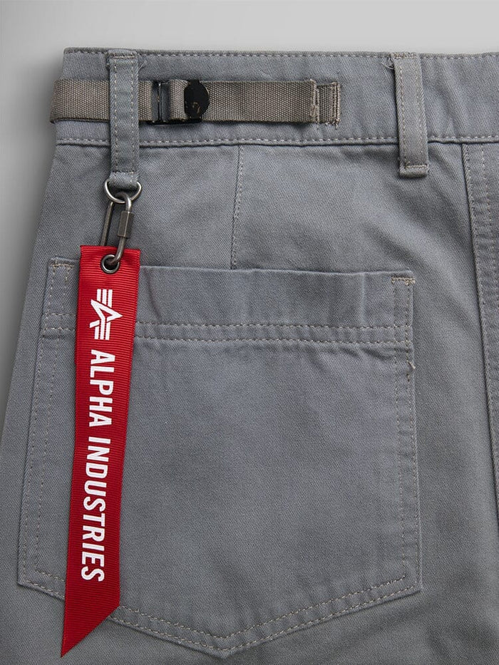 Alpha Industries Womens M-65 Cargo Pant in Aircraft Gray, back pocket, adjustable waistband, red Alpha Industries tag on belt loop.