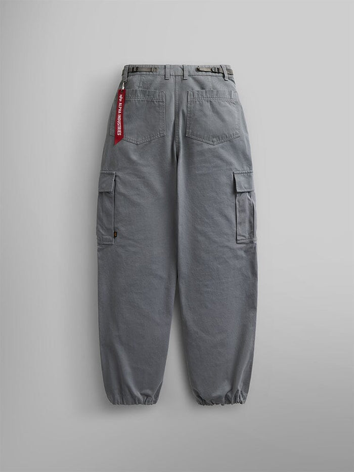 Alpha Industries Womens M-65 Cargo Pant in Aircraft Gray with elastic cuffs, back and side pockets, and a red keychain on the belt loop.