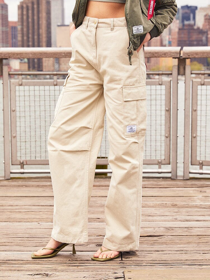 Alpha Industries Womens M-65 Cargo Pant in Limestone, olive green MA-1 inspired jacket.