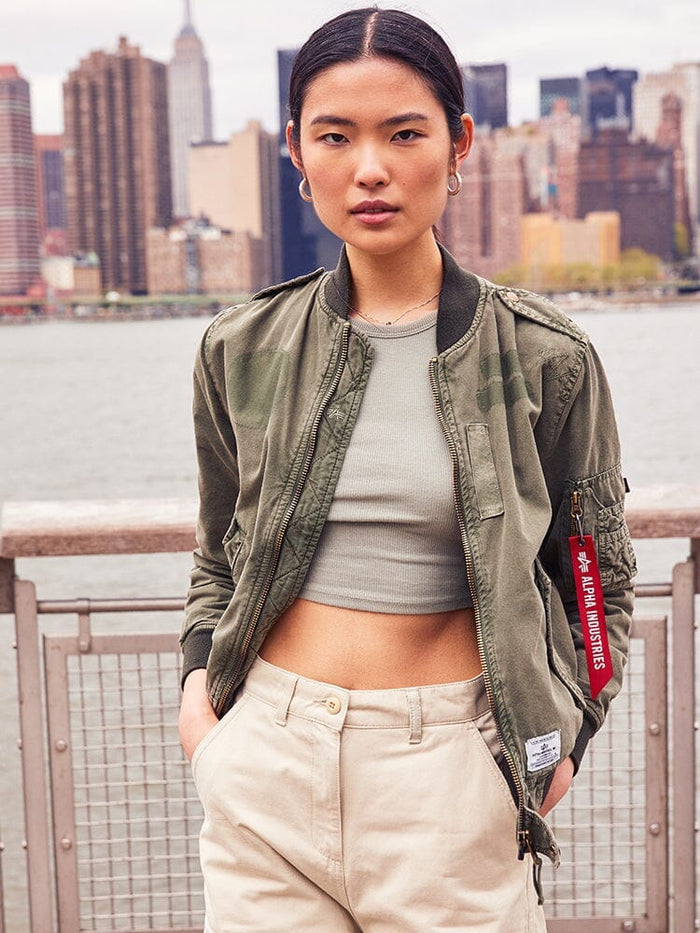 Alpha Industries Womens M-65 Cargo Pant Limestone, green bomber jacket, olive crop top, MA-1 style.