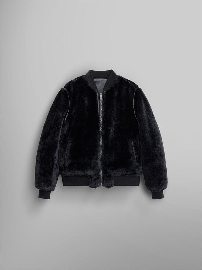 The reversible side of the Women's Reversible Faux Leather MA-1 Bomber Jacket by Alpha Industries, featuring a stylish black faux fur design with a front zipper and ribbed cuffs and hem.
