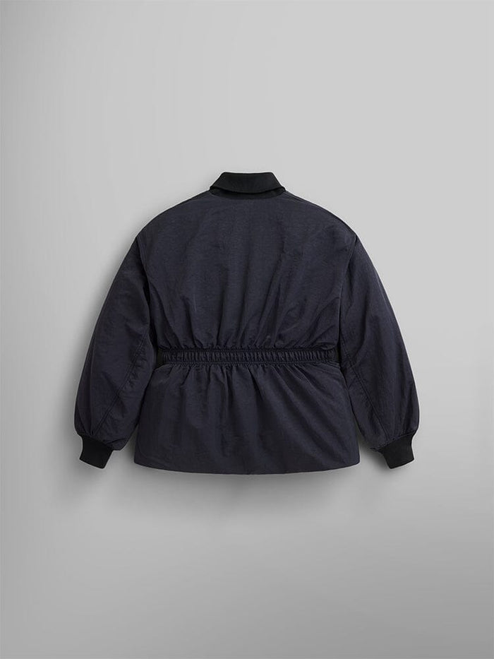 The Women's Short Cinched Waist Jacket by Alpha Industries is a black jacket with a quilted lining and elastic waistband. It features a ribbed collar, cuffs, and hem. The back view showcases an adjustable drawcord waist and welt pocket.