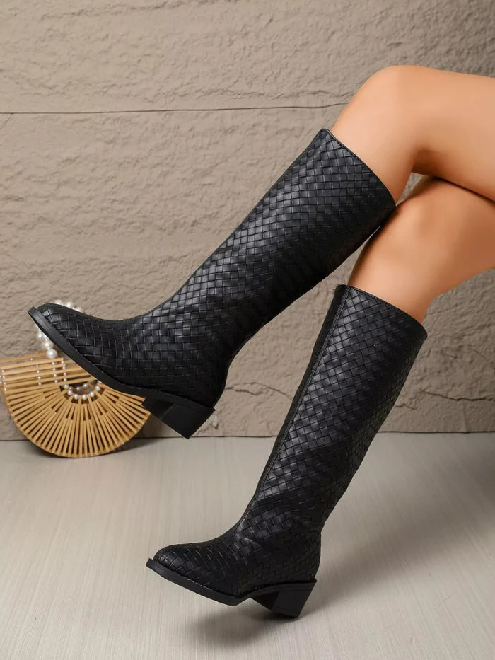 Woven Textured Block Heels Boots