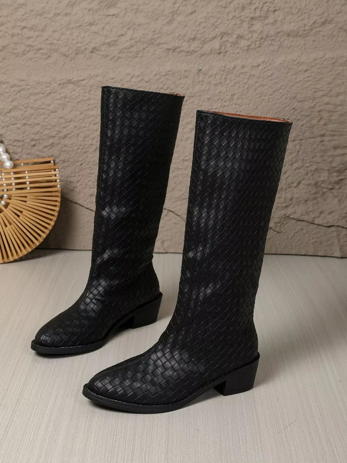 Woven Textured Block Heels Boots
