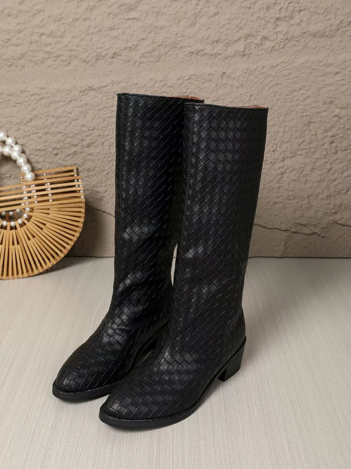 Woven Textured Block Heels Boots