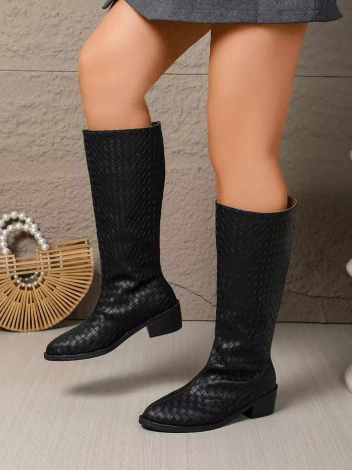 Woven Textured Block Heels Boots