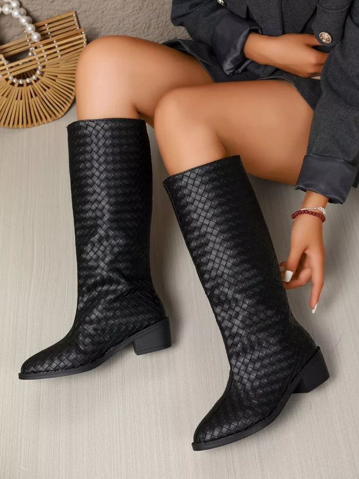 Woven Textured Block Heels Boots