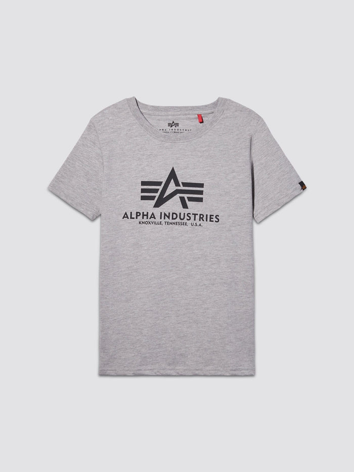 Youth Basic Tee by Alpha Industries, gray heather cotton short-sleeve shirt with Alpha Industries flag logo and Knoxville, Tennessee, U.S.A. printed in black on front.