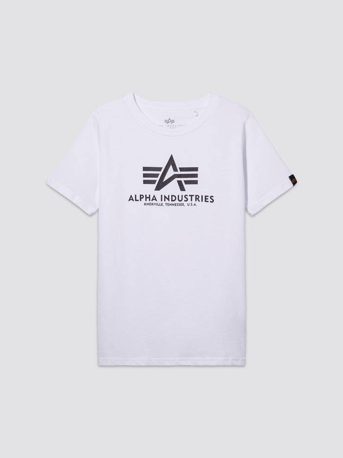 Youth Basic Tee by Alpha Industries, white short-sleeve cotton shirt with flag logo and Alpha Industries, Knoxville, Tennessee, U.S.A. in black on front.