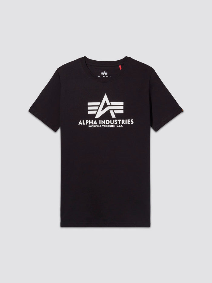 Youth Basic Tee by Alpha Industries in black, with white flag logo and ALPHA INDUSTRIES KNOXVILLE, TENNESSEE, U.S.A. text on front.