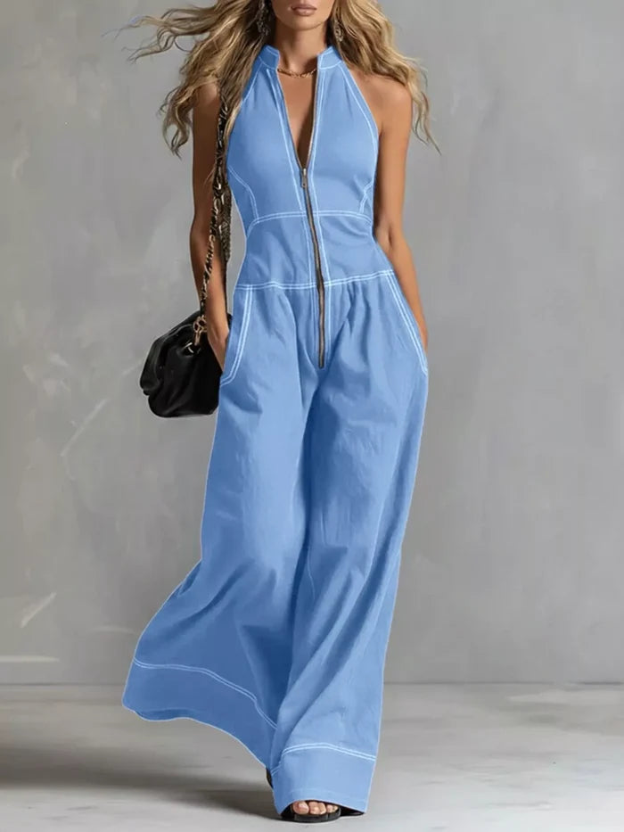 Zip Front Sleeveless Wide Leg Jumpsuit