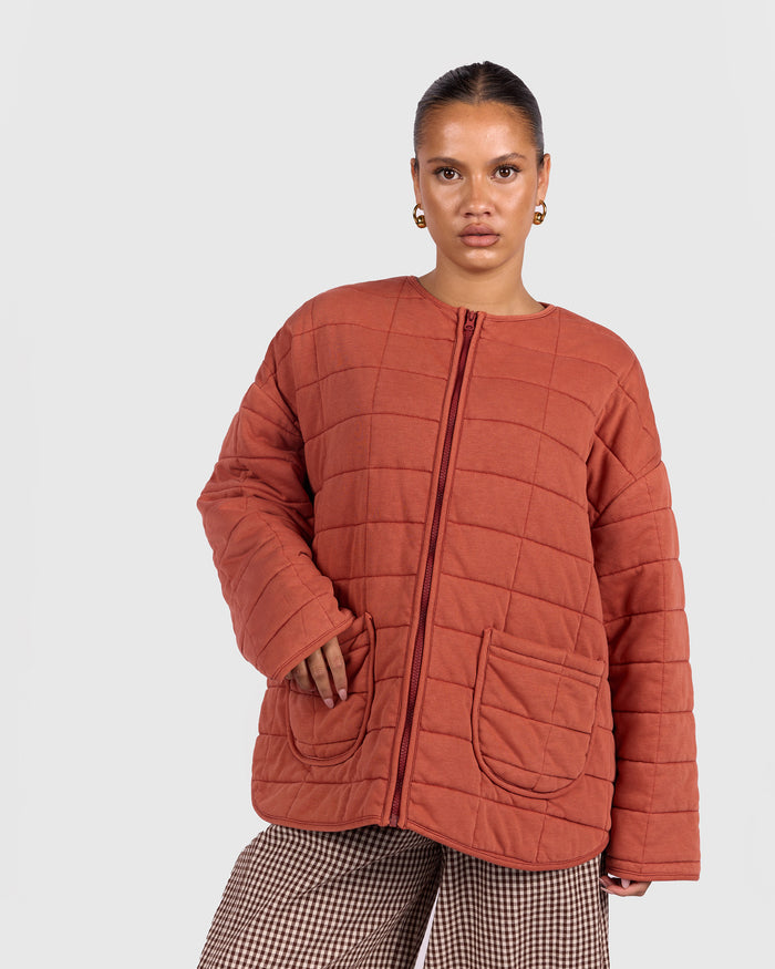 Zip Quilted Jacket | Rust